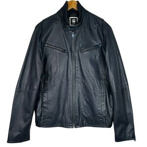 G-Star RAW RCT Biker Leather Jacket Navy Blue Zip Moto Men's NWT‎ $660
